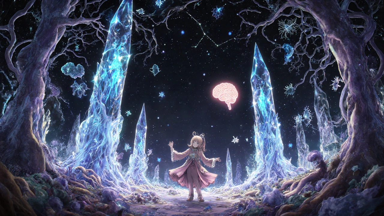 A mystical gut ecosystem with glowing bacteria dancing around crystalline polydextrose fibers.