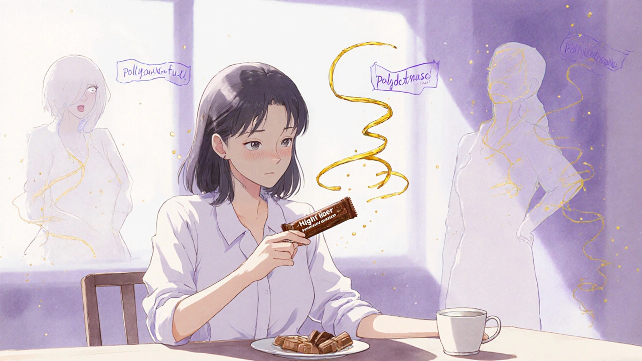 A woman holding a high-fiber bar as golden fibers form silhouettes of her past and present self.