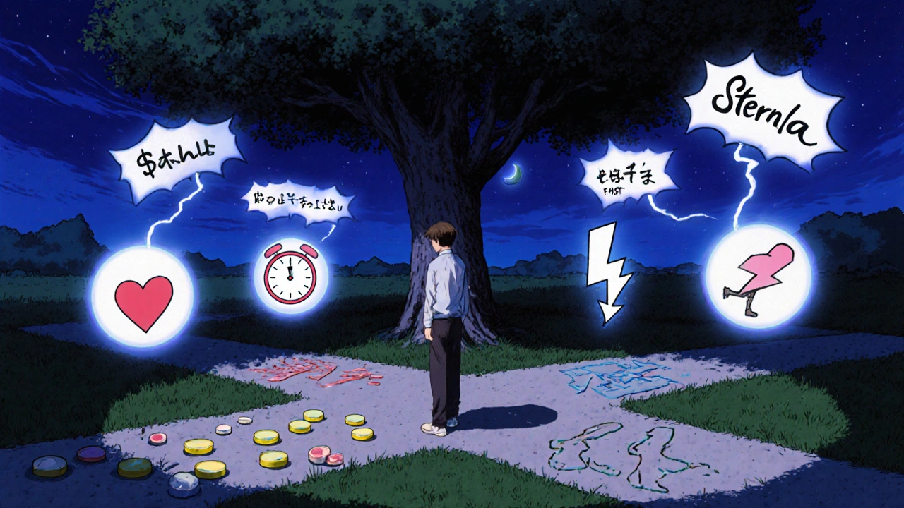 A man at a crossroads with four paths representing different ED treatment options under twilight.