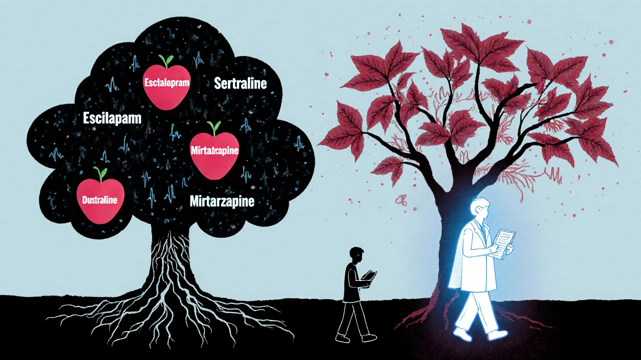 A medical tree with antidepressant fruits beside a wilting duloxetine tree, with a patient walking forward holding a log.