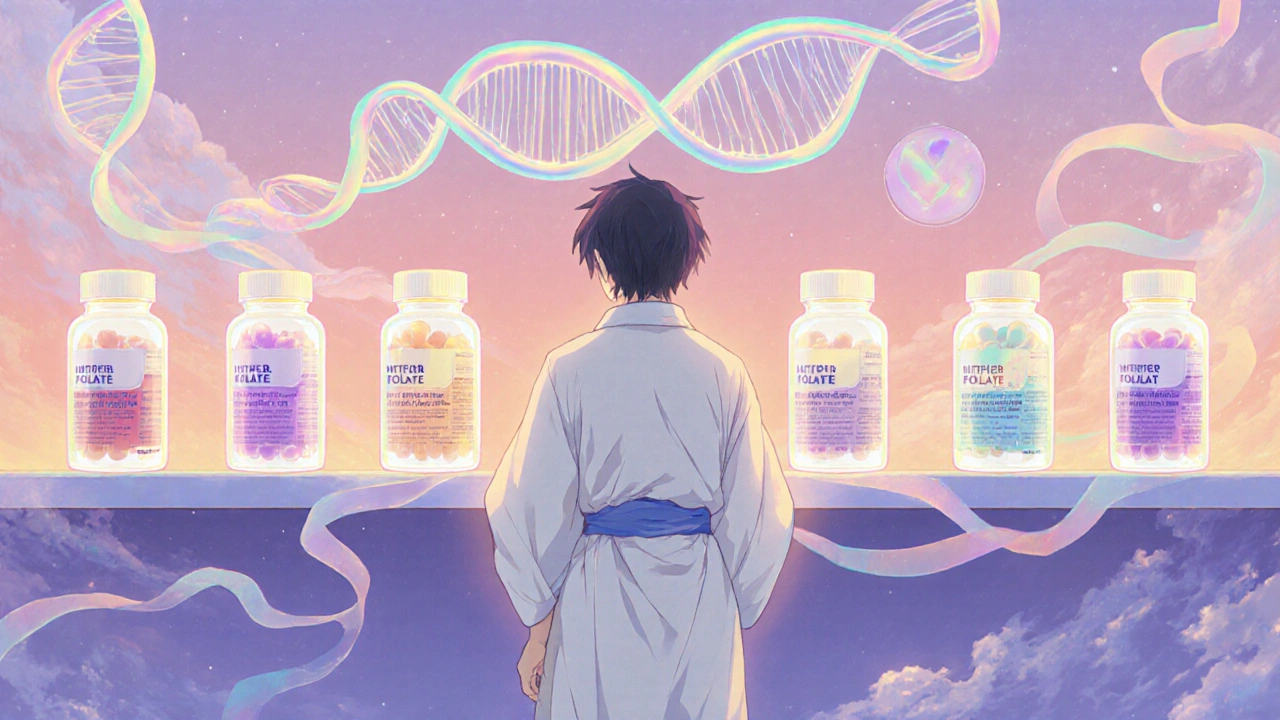 A person surrounded by glowing supplement bottles, DNA helix and subtle pregnancy symbols, contemplating choice.