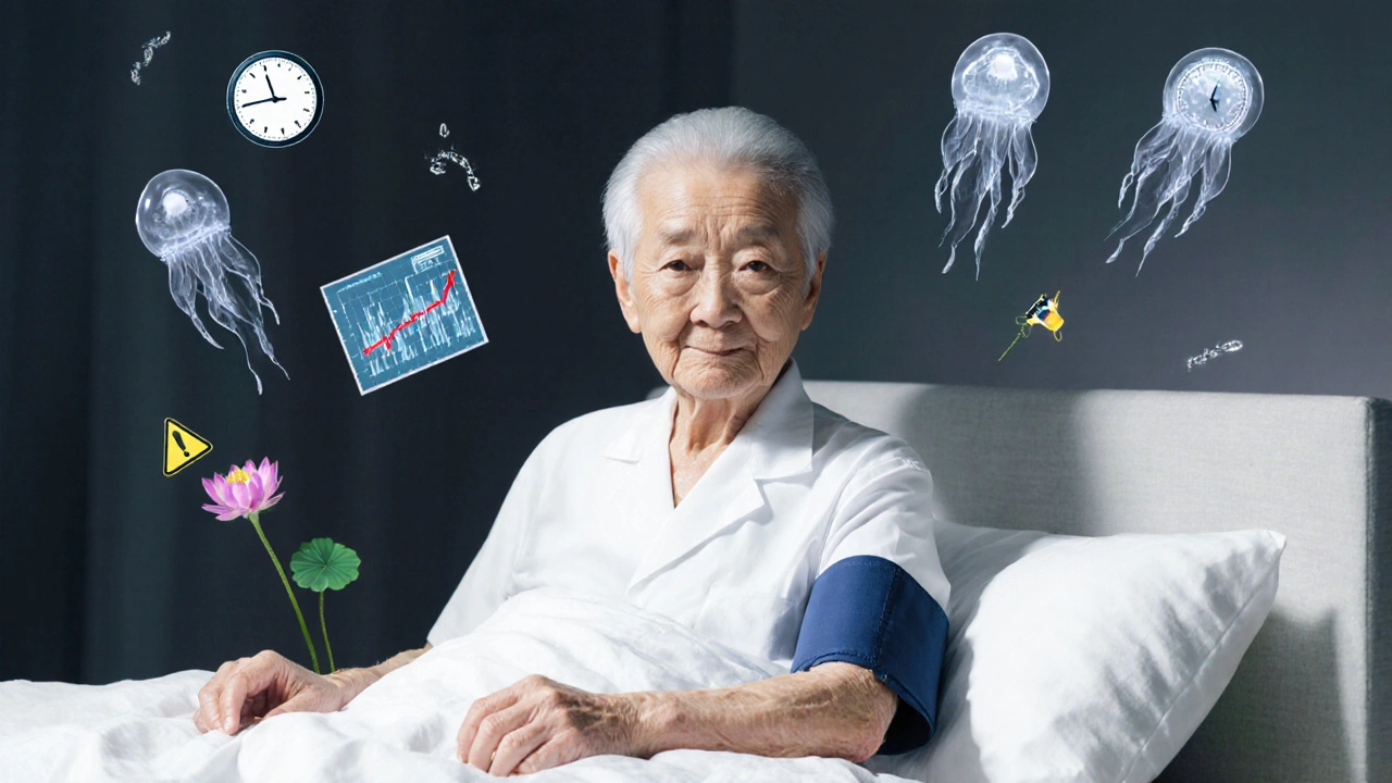 An elderly person checking blood pressure surrounded by floating charts and warning symbols carried away by wind.