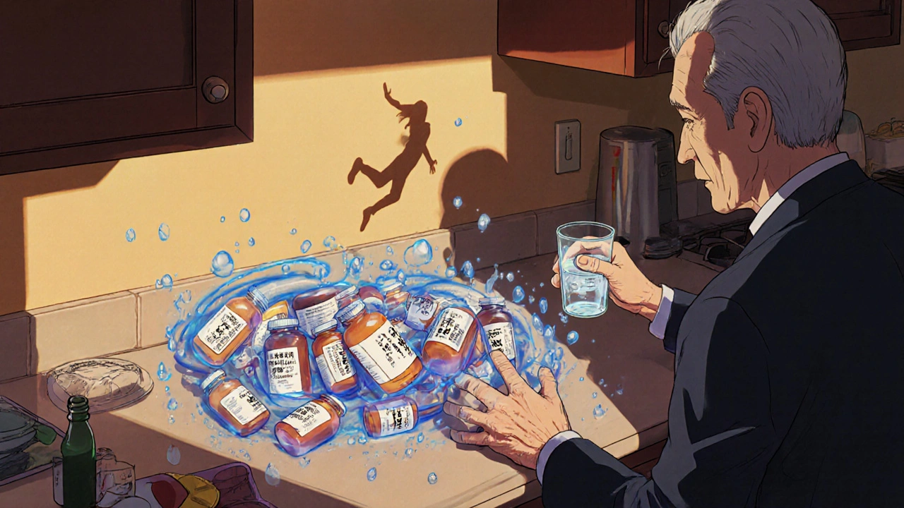 An older man reaching for water, his shadow falling as prescription bottles swirl around him.