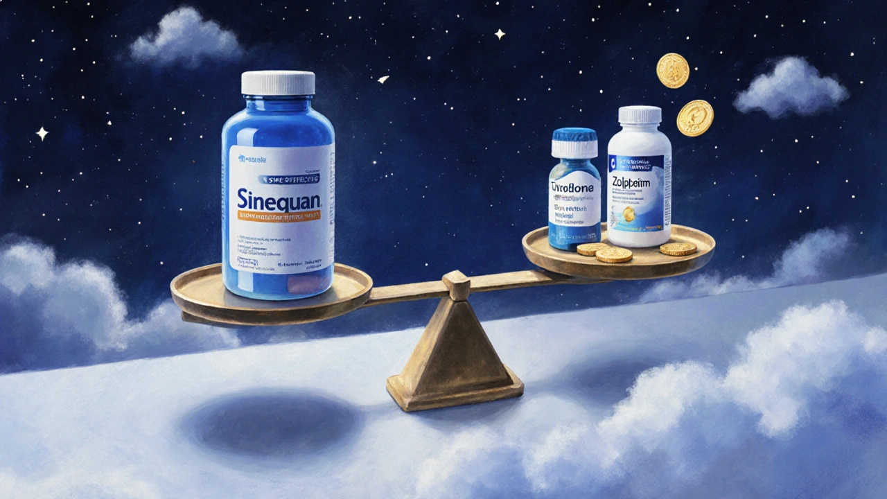 Balance scale comparing Sinequan to other sleep drugs on a bedside table under stars.