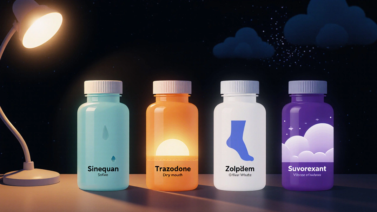 Bedside table showing four sleep medication bottles with side‑effect symbols.