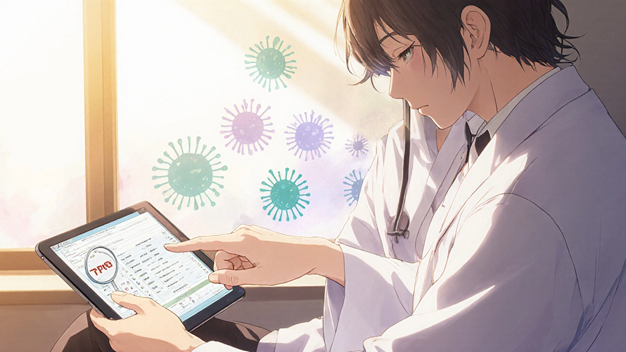 Calm clinical scene with a doctor explaining PCR test results on a tablet.