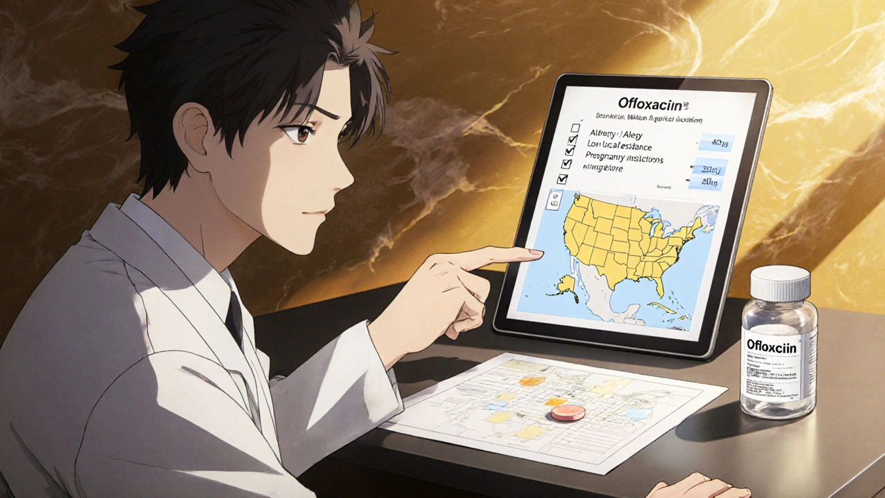 Clinician reviewing a floating checklist with allergy, resistance, pregnancy, and dosing icons.
