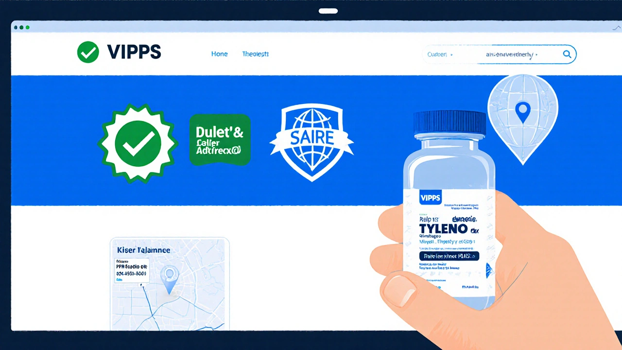 Computer screen showing pharmacy seals while hand holds a generic Tylenol bottle.