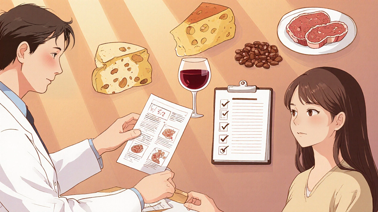 Doctor and patient discuss diet, surrounded by illustrated foods and soft clinic lighting.