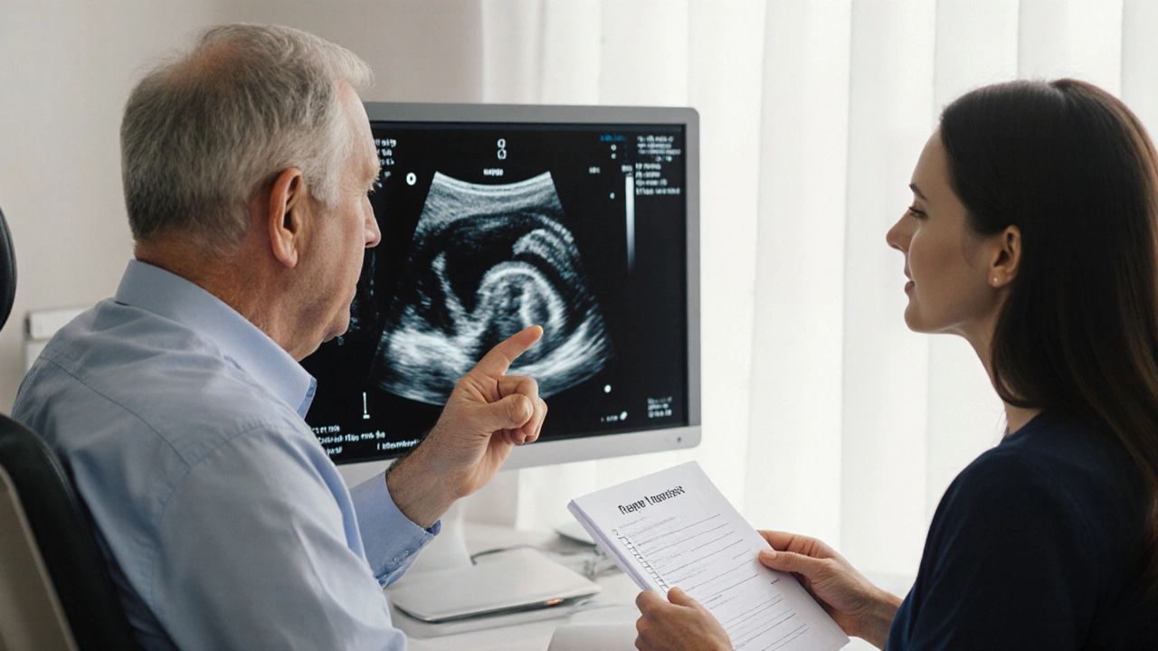 Doctor and patient reviewing a prostate ultrasound with a checklist.