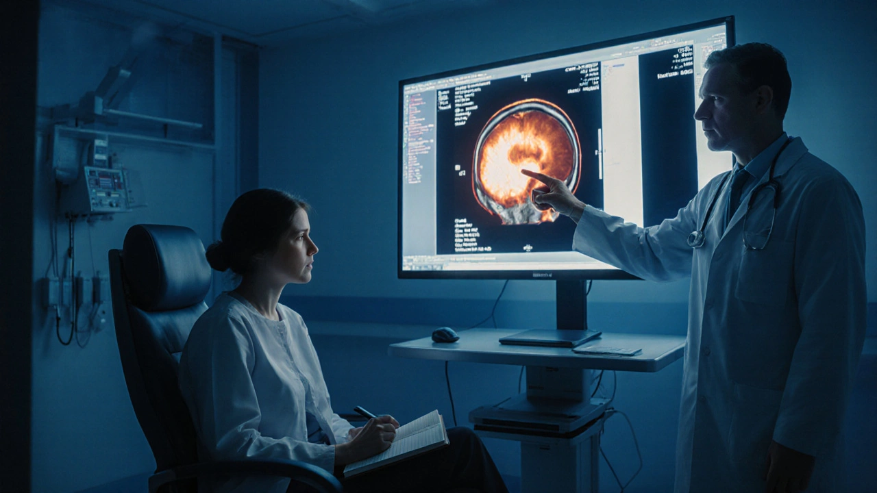 Doctor reviewing MRI showing brain lesion while patient looks anxious.