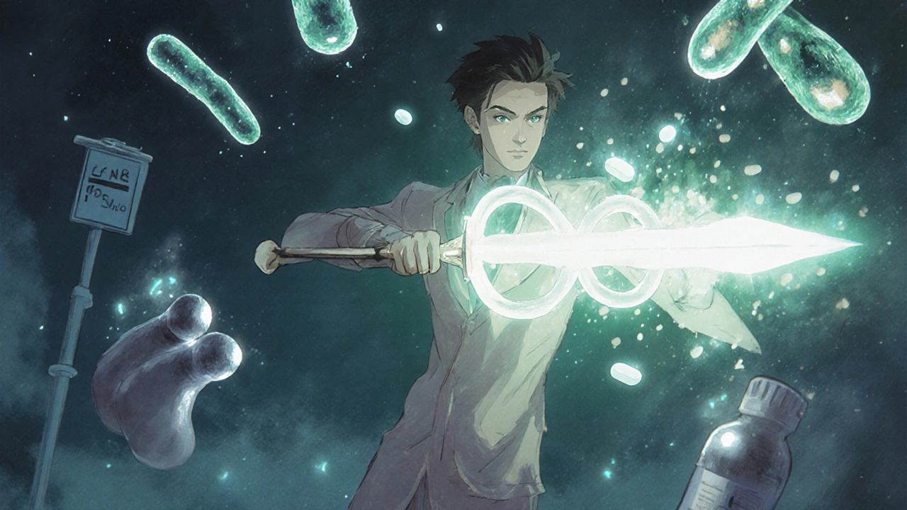 Figure representing Ofloxacin piercing DNA while chlamydia and gonorrhea bacteria dissolve.