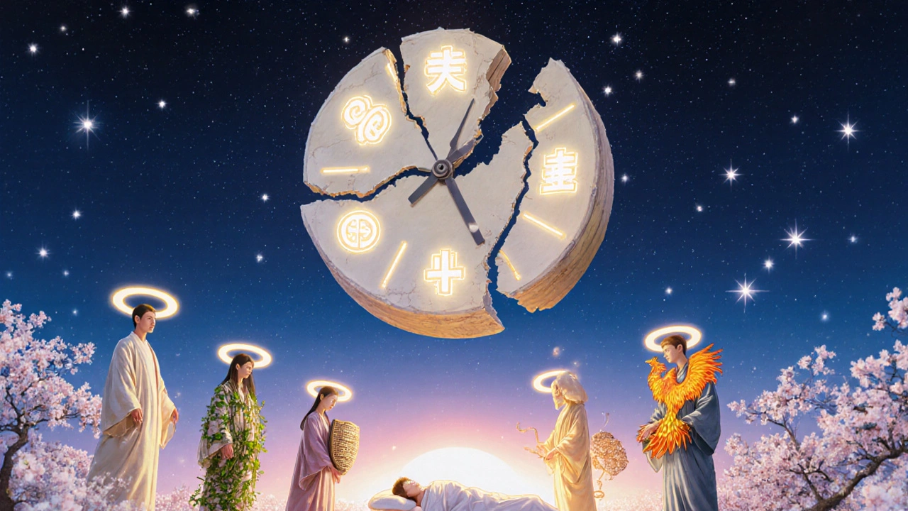 Floating clock of bone and glucose with five protective figures representing steroid alternatives.