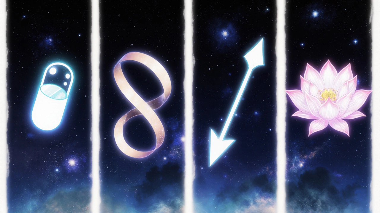 Four mystical ED medication forms floating in a celestial sky, each with unique symbolic shapes.