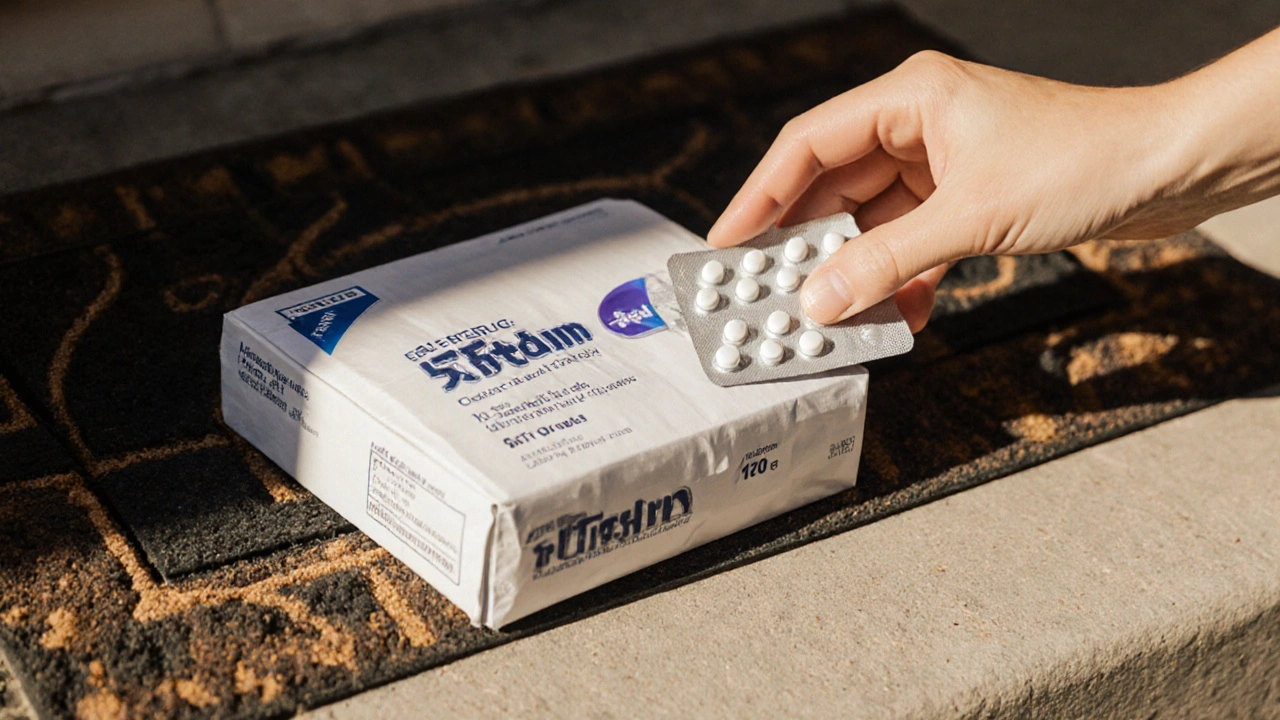 Hand opening delivery package showing blister pack of generic Motrin tablets.