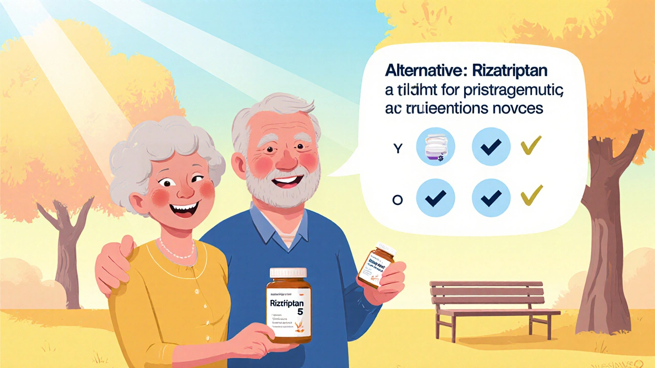 Happy seniors with a rizatriptan bottle, pharmacist suggesting gepants or ditans as alternatives.