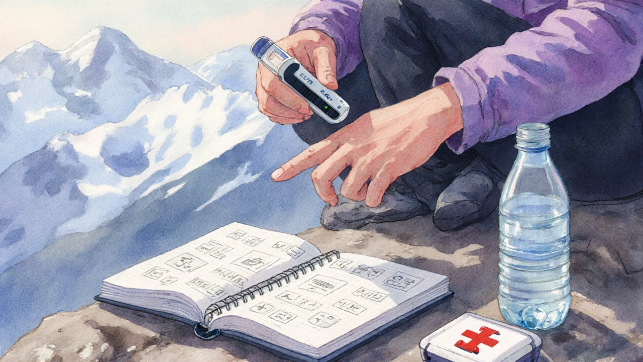 Hiker checking a pulse oximeter and writing in a symptom diary on a rocky ledge.