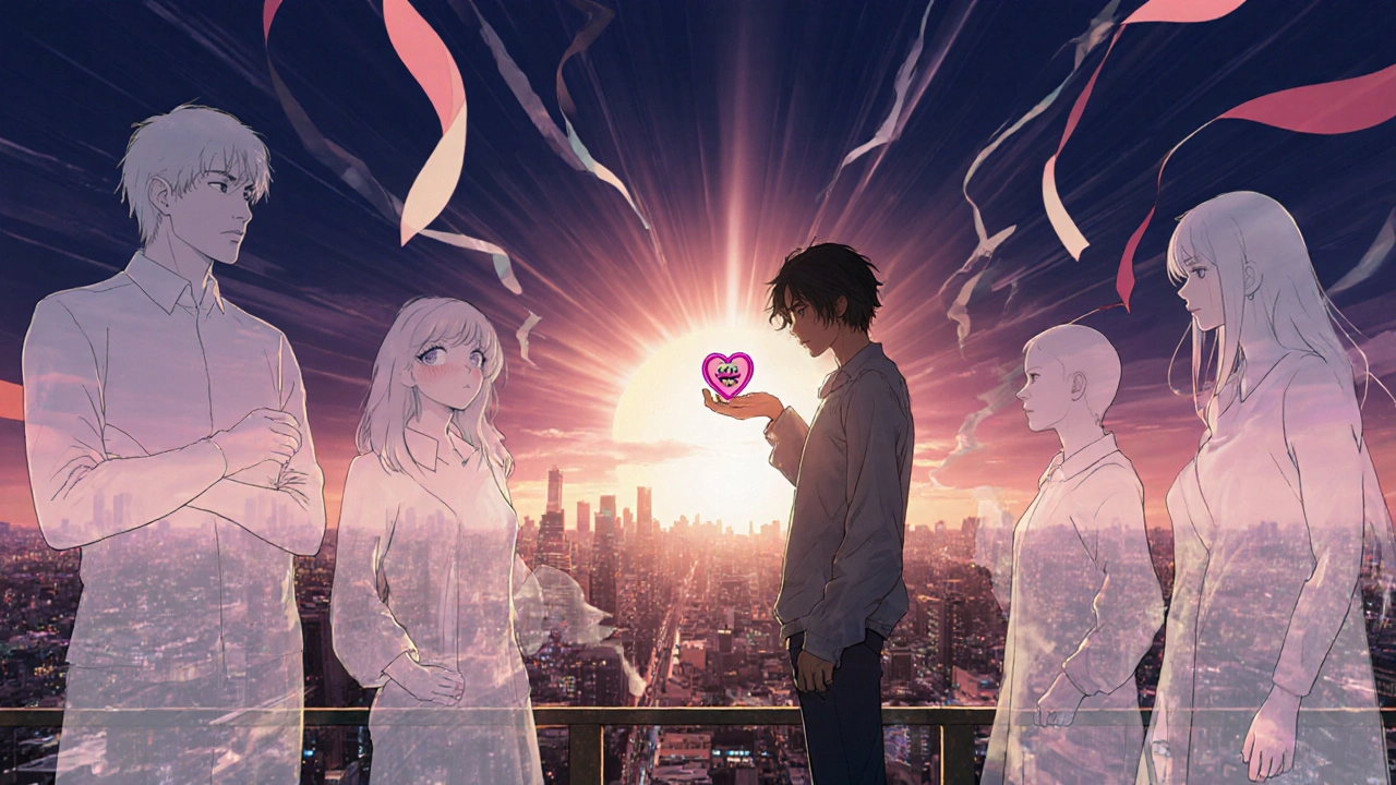 Hopeful figure on a balcony holding a glowing amulet, surrounded by supportive spirits.