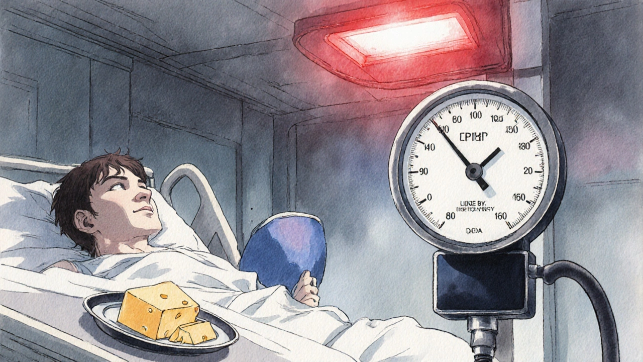 Hospital room shows a patient with high blood pressure, cheese plate, and emergency lighting.
