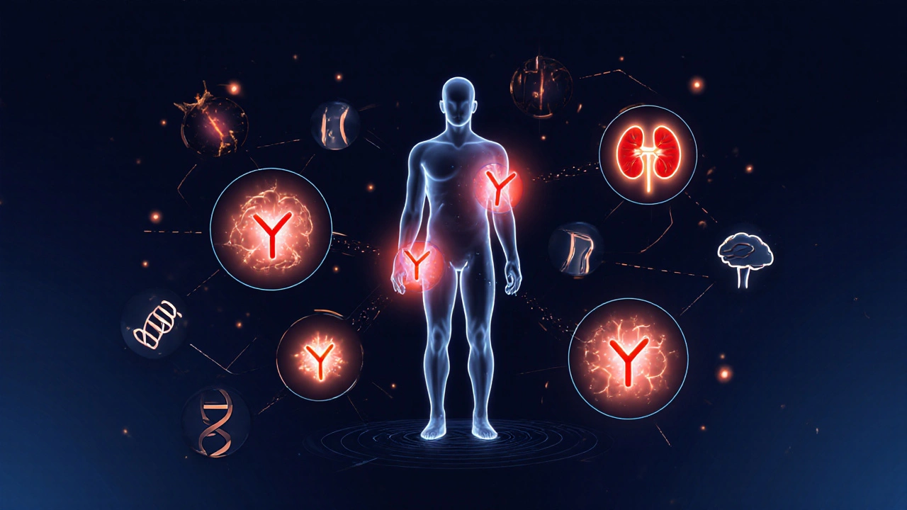 Illustration of a silhouette with glowing antibodies targeting skin, joints, kidneys, and brain.