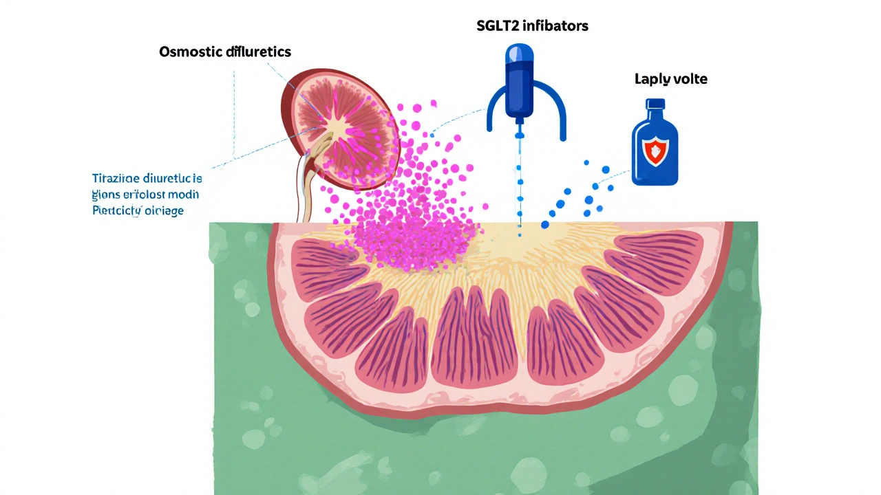 Kidney cross-section showing glucose‑induced urine flow and medication icons affecting sodium.