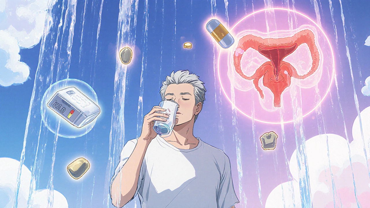 Man drinking water surrounded by floating medication and laser symbols representing treatment and prevention.