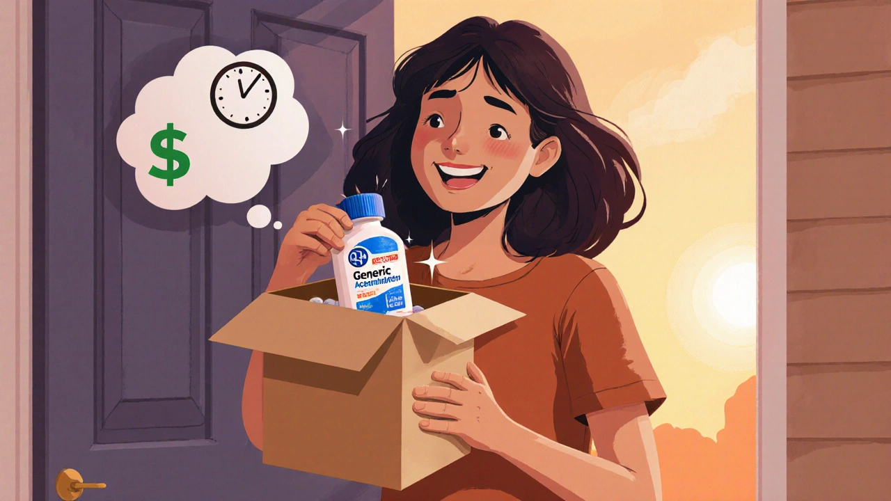 Mother opening a parcel with generic Tylenol, feeling relieved and saving money.