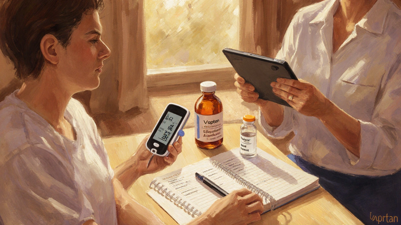 Patient at home monitoring glucose and sodium with electrolyte drink and doctor offering guidance.