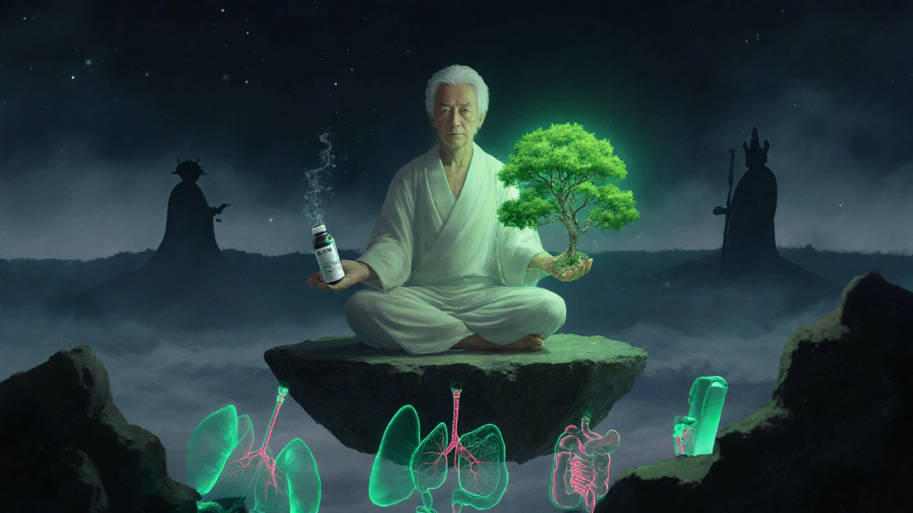 Patient holding a dissolving Prednisone vial while an inhaler transforms into a glowing tree of health.