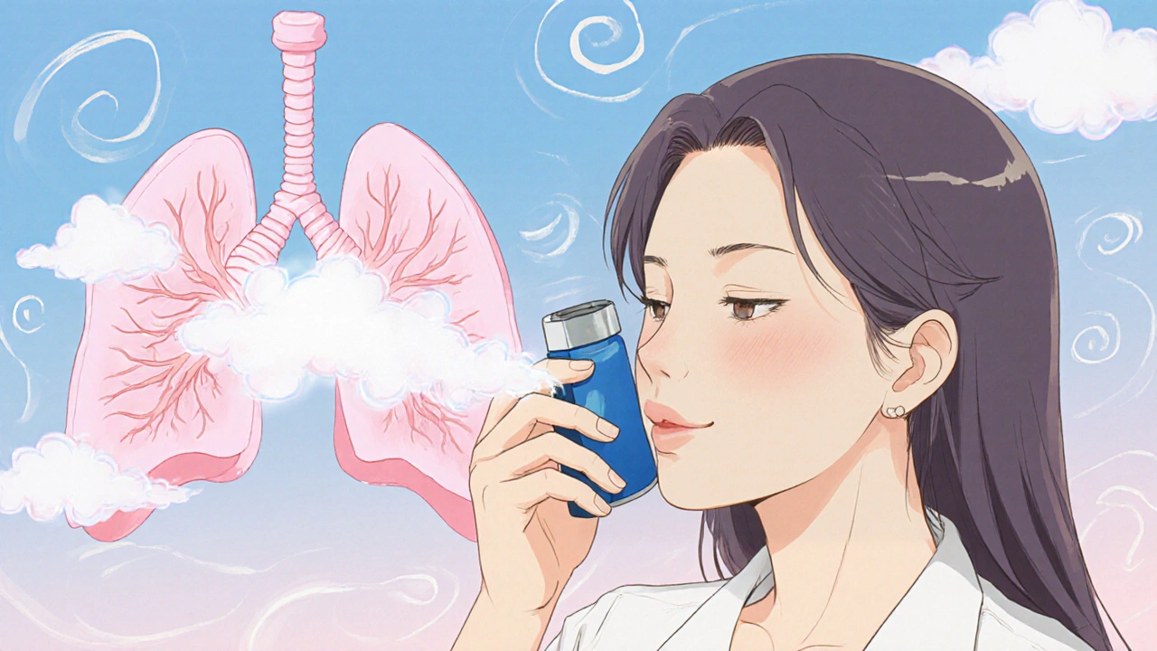 Patient inhaling, with bright lungs and airy breath illustrating combined therapy.