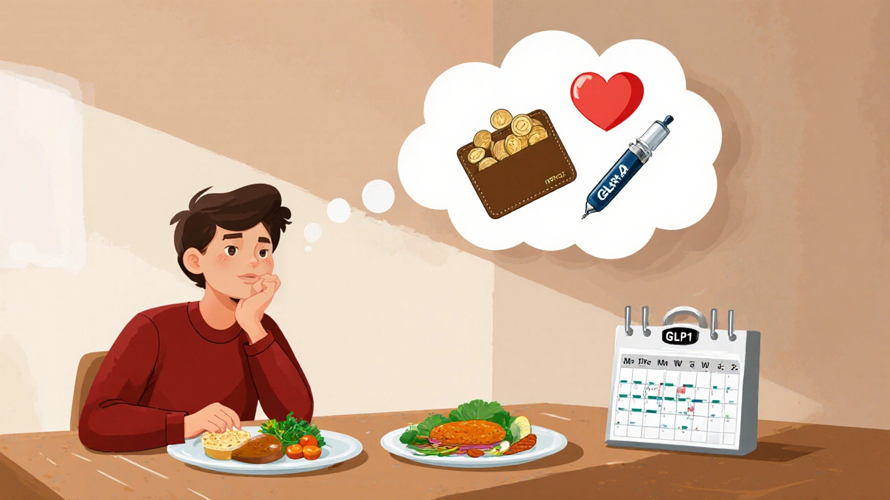 Person at kitchen table choosing between Trim Z pills with low‑fat meal and a GLP‑1 injection pen.