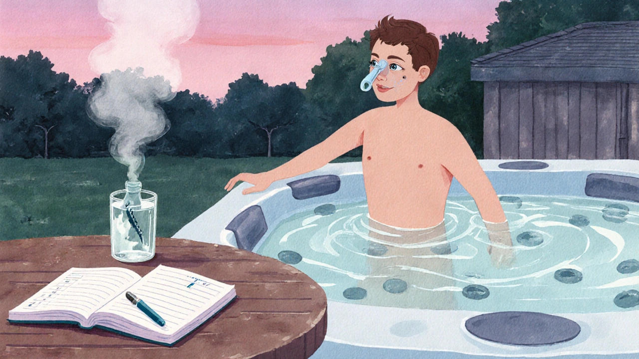 Person with nose clip exiting hot tub, noting mood in a journal at dusk.