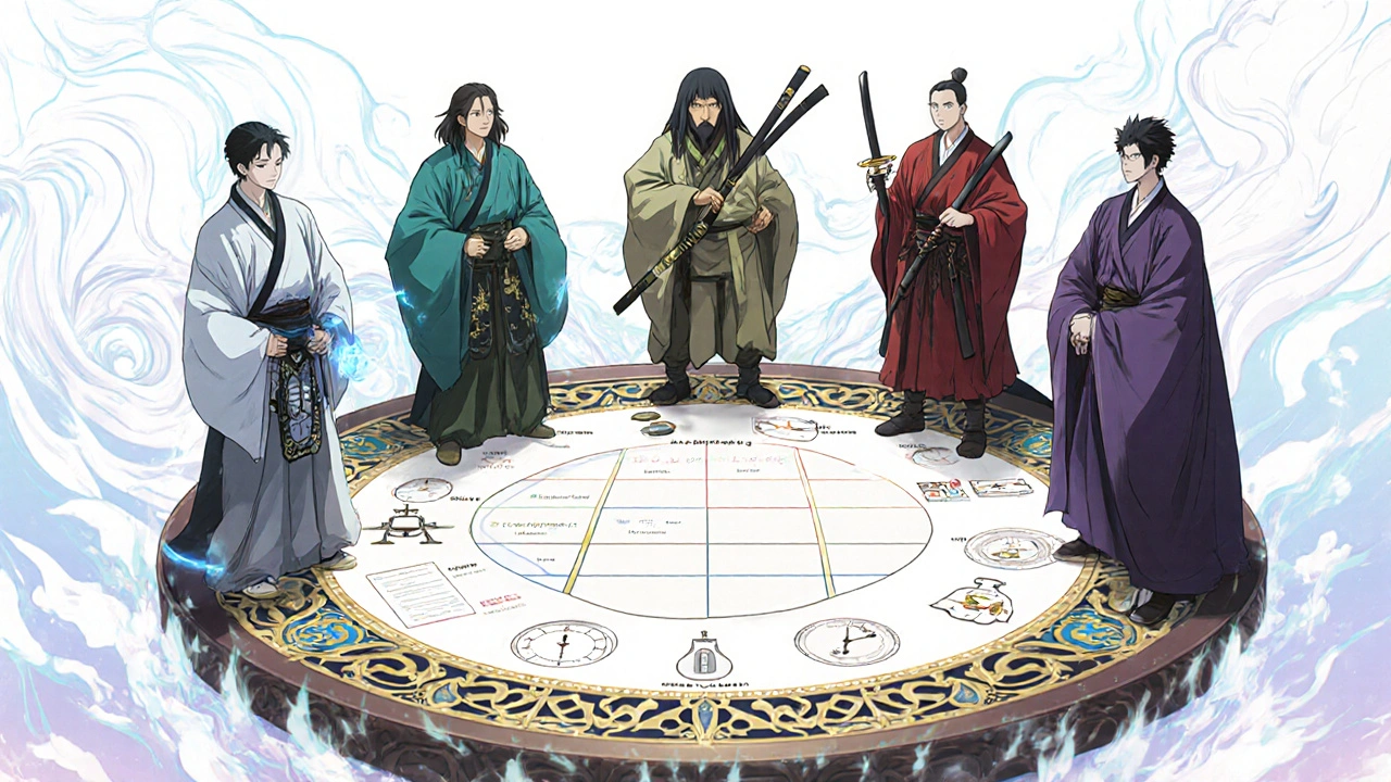 Personified BPH drugs as characters gathered around an ornate comparison chart with symbolic icons.