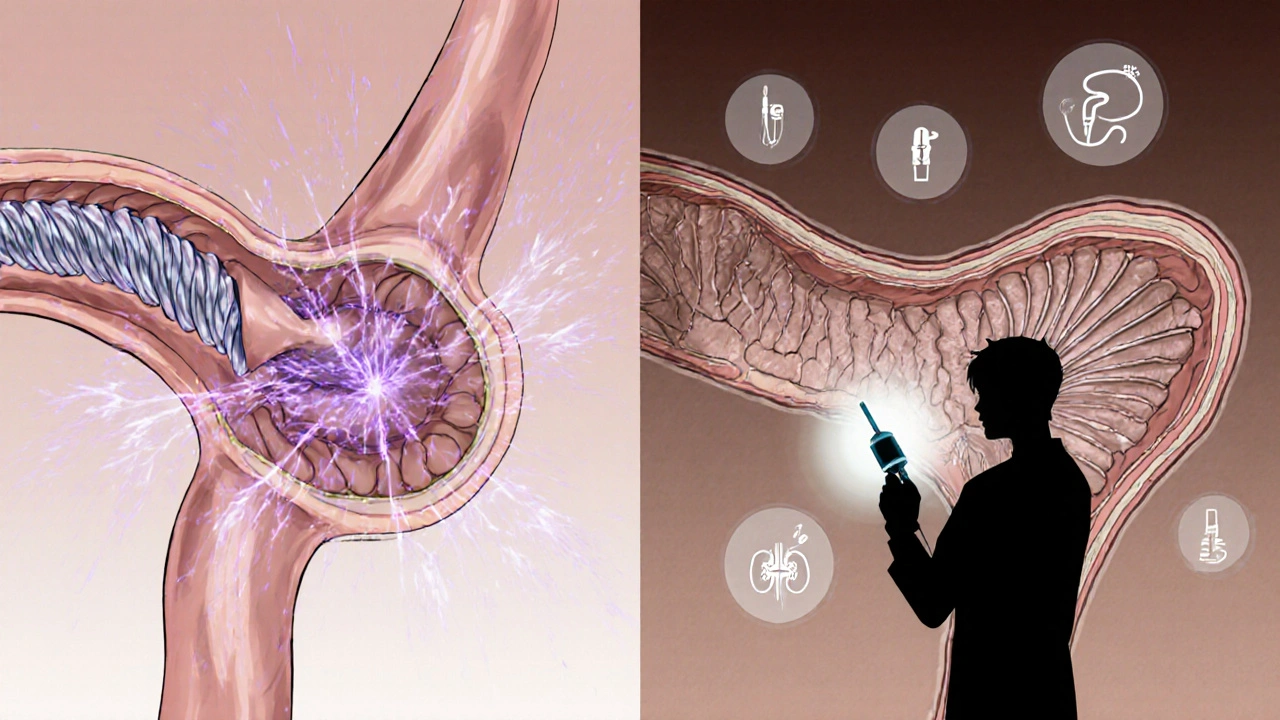 Side‑by‑side view of drug‑eluting and bare‑metal stents with risk factor symbols and a doctor’s imaging probe.
