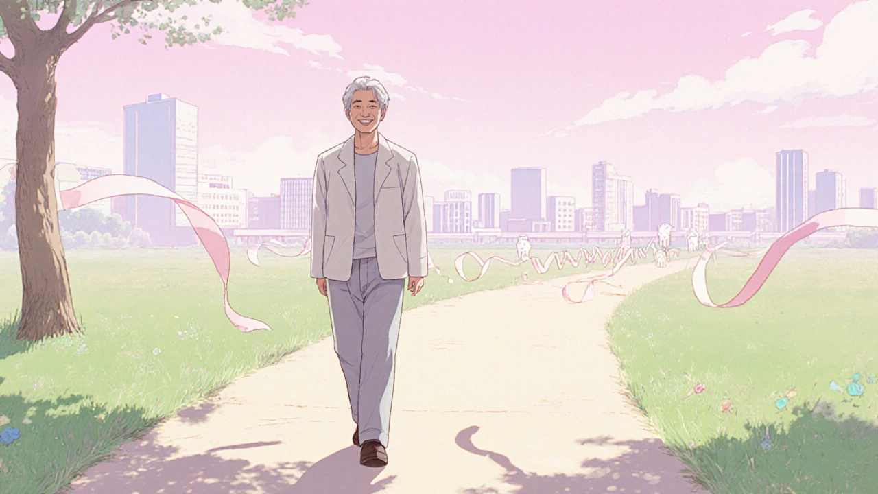 Smiling patient walking in a park, fading hospital silhouettes showing fewer admissions.