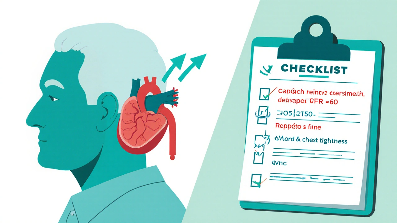 Split illustration showing kidney and heart warnings with a senior checklist for rizatriptan dosing.