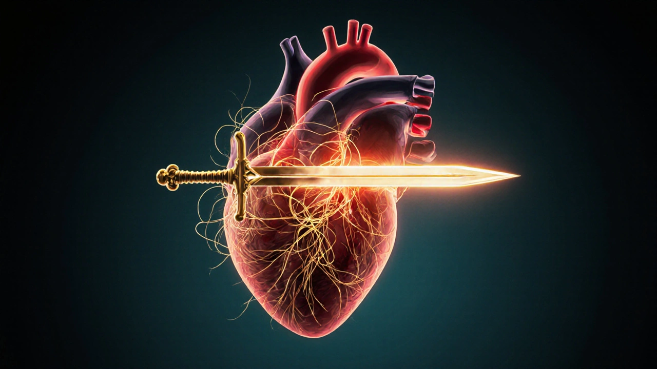 Stylized heart with golden sodium currents blocked by a luminous Ranolazine ribbon.