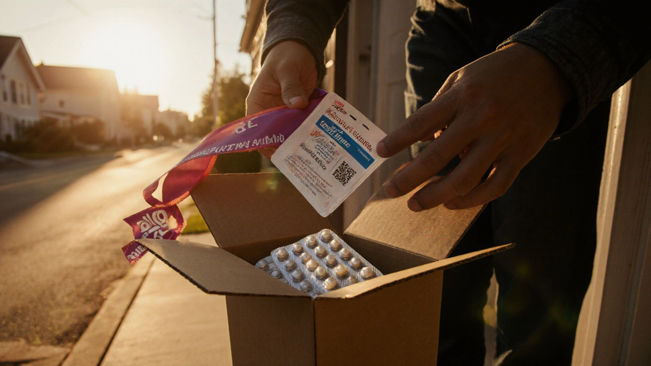 Sunlit doorstep with opened box revealing generic venlafaxine tablets and discount ribbon.