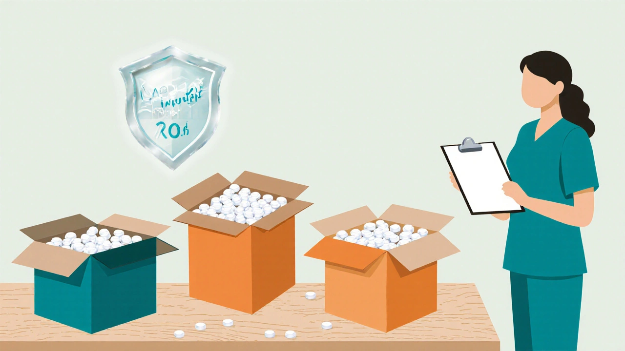 Three boxes of ibuprofen tablets with Medsafe shield and pharmacist silhouette.