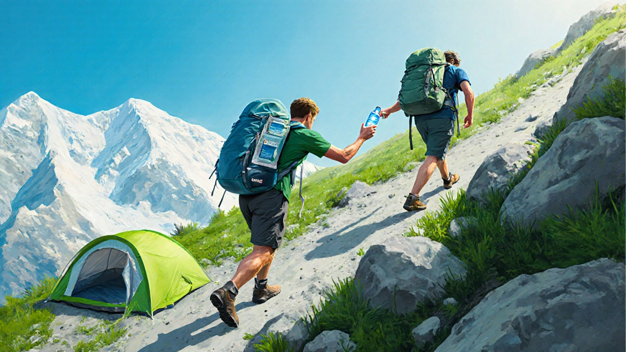 Two hikers descending a mountain path, sharing water and gear, illustrating safe acclimatization.