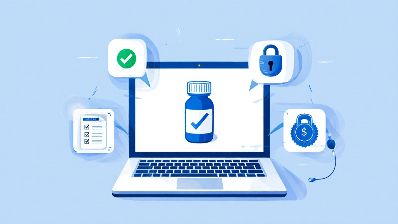 Vector illustration of laptop with pill bottle surrounded by safety‑check icons.