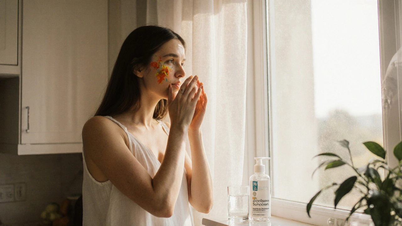 Woman applying sunscreen in a bright kitchen, with cleanser and medication bottle nearby.