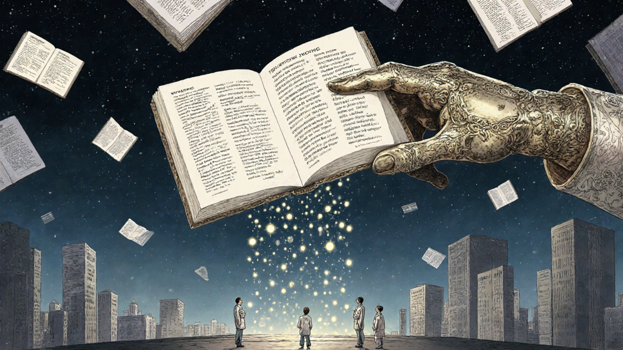 A celestial library of drug warnings with a giant hand turning pages above a city.