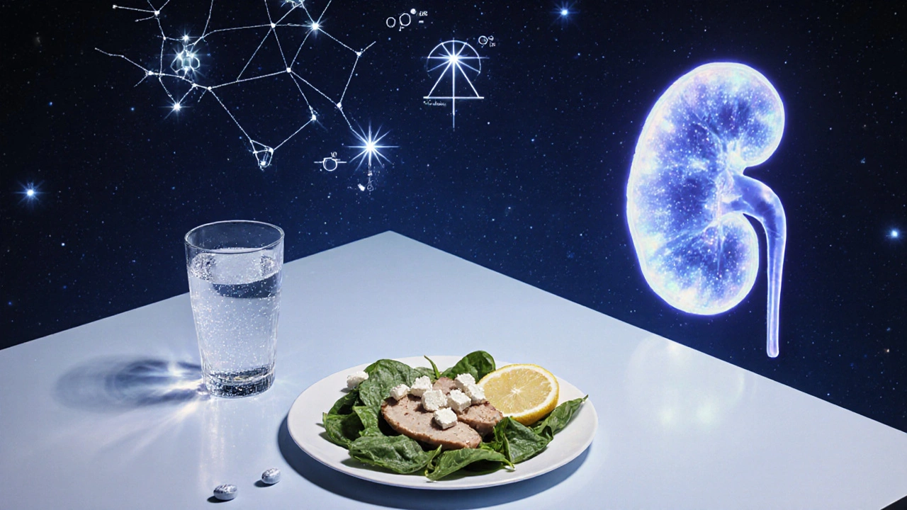 A floating kitchen table with healthy foods and discarded calcium pills, surrounded by celestial dietary symbols.
