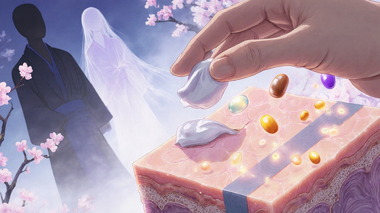 A hand applying cream as translucent skin layers reveal glowing drug particles like fireflies in a dreamlike landscape.