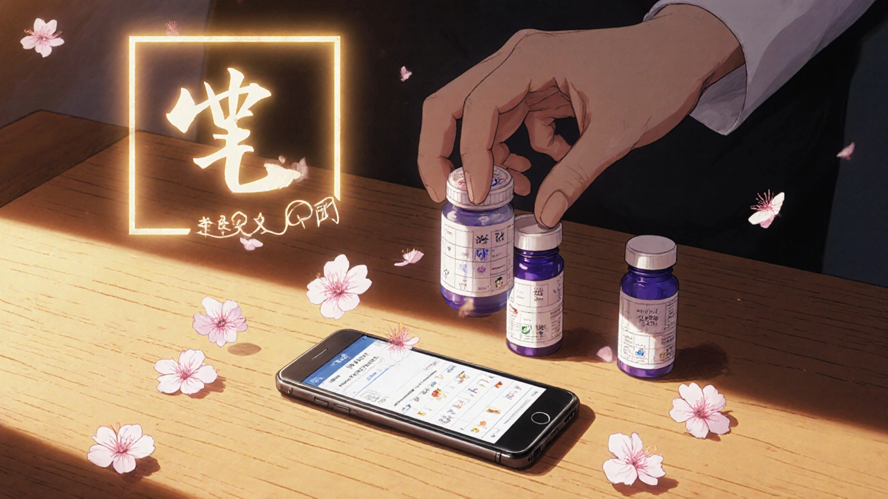 A hand places medicine bottles beside a phone showing a symptom tracker, with cherry blossoms drifting nearby.