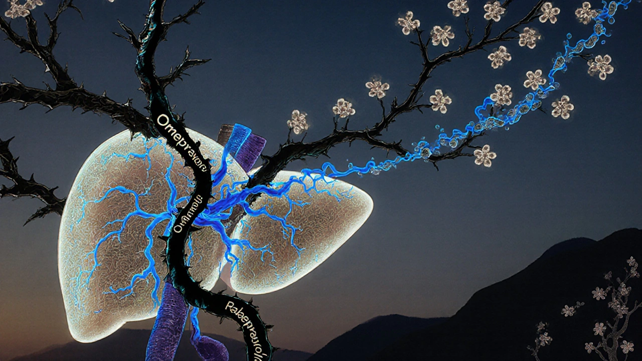 A luminous liver with enzyme pathways choked by a thorned vine, while safer PPIs bloom as cherry blossoms.