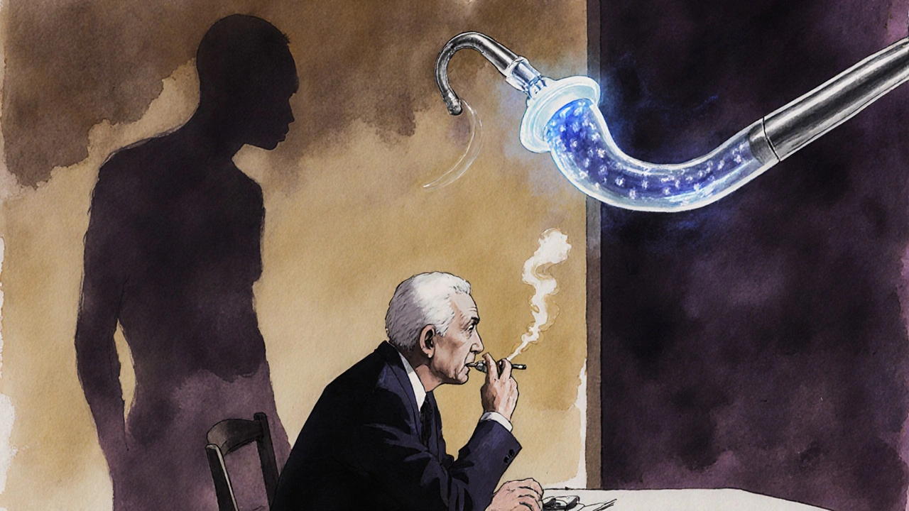 A man&#039;s shadow morphs into a smoking figure with a stomach and endoscope curling above him, in delicate ethereal style.