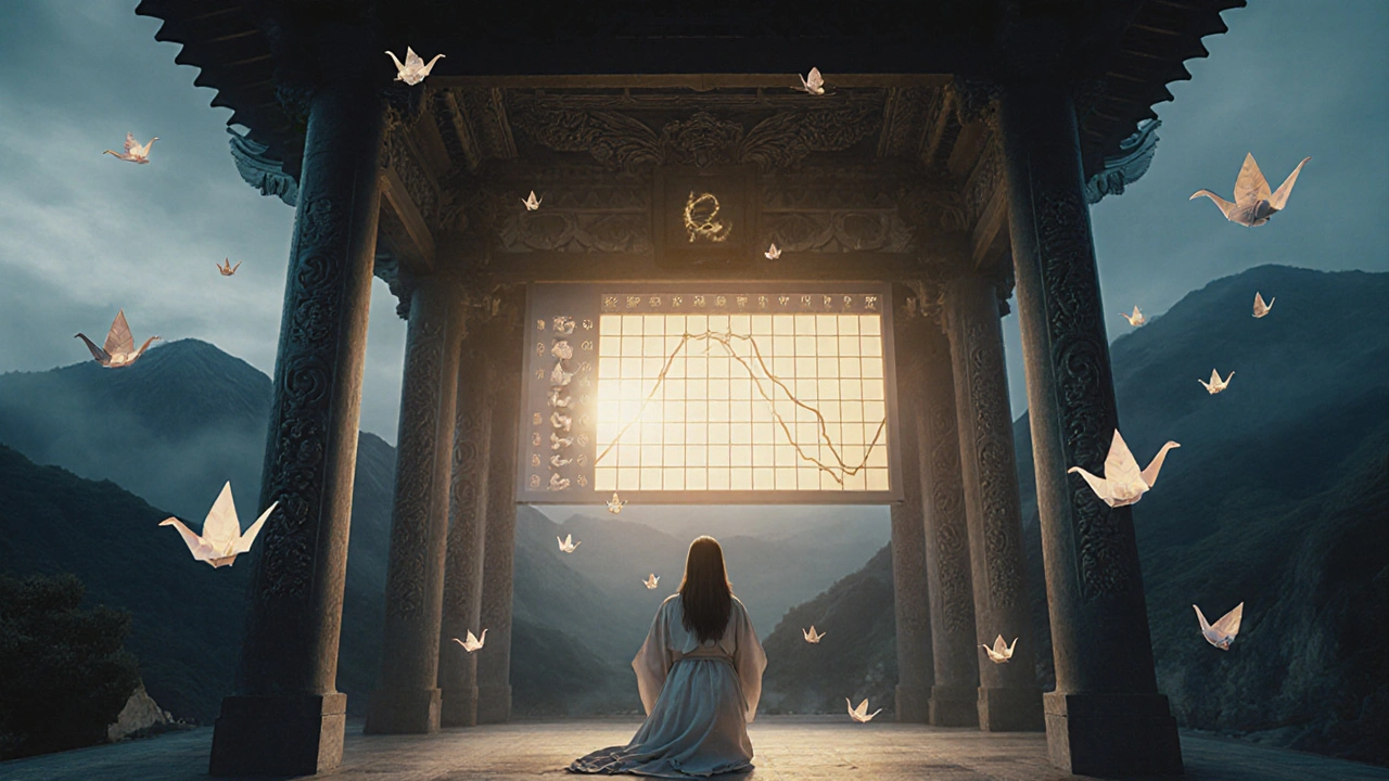 A mystical temple with thyroid chart and floating embryos, surrounded by origami antibody cranes.