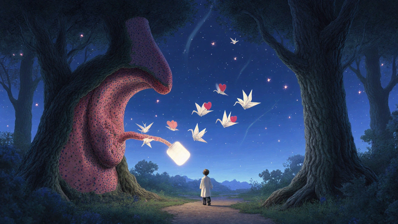 A mystical throat-forest with glowing Cytosponge capsules releasing paper cranes, symbolizing early cancer detection.